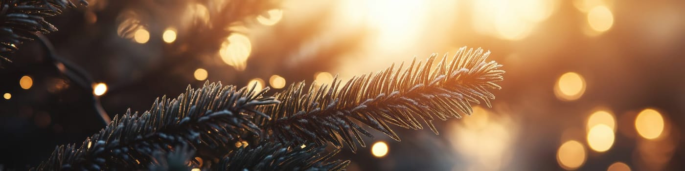 Christmas tree branch with glowing garland on shiny bokeh blurred background