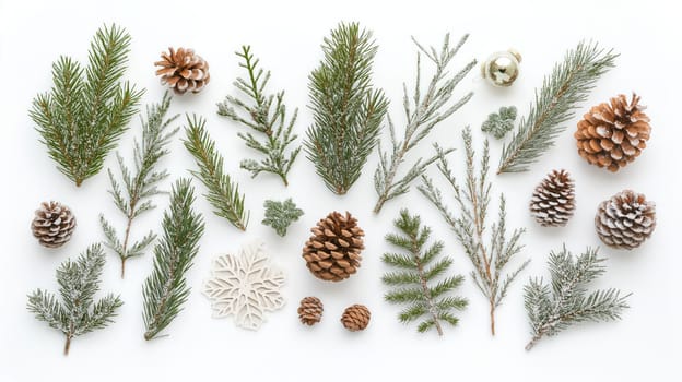Christmas tree branches and decorations on a white background