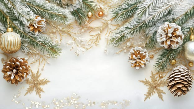 Christmas tree branches and decorations on a white background