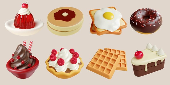 A delightful collection of desserts featuring donuts, waffles, ice cream, and pastries, each artfully decorated and ready to enjoy.