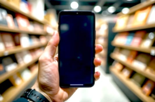 A person displays a smartphone in hand, surrounded by shelves filled with books in a contemporary library environment.. Blurred picture