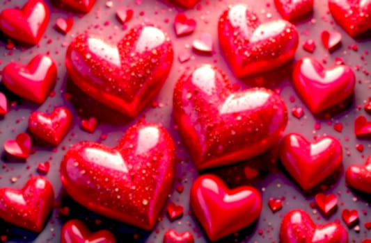 Festive heart-shaped items scattered on a dark surface, creating a romantic atmosphere for Valentine's Day.. Blurred picture
