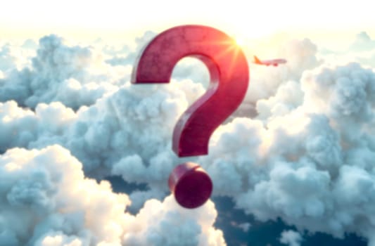 A large question mark hovers among fluffy clouds while an airplane flies nearby during a vibrant sunset, inspiring curiosity.. Blurred picture