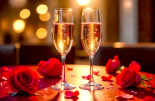 Two elegant glasses of sparkling wine sit on a table surrounded by red roses and petals, perfect for celebrating love.. Blurred picture