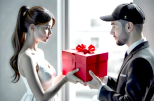 A couple shares a tender moment while exchanging a beautifully wrapped red gift during Valentine\'s Day, showcasing love and celebration.. Blurred picture