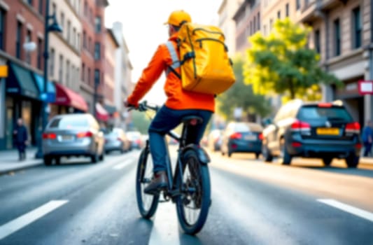 A courier in an orange jacket rides a bicycle down a bustling city street, navigating between cars while carrying a yellow delivery backpack.. Blurred picture
