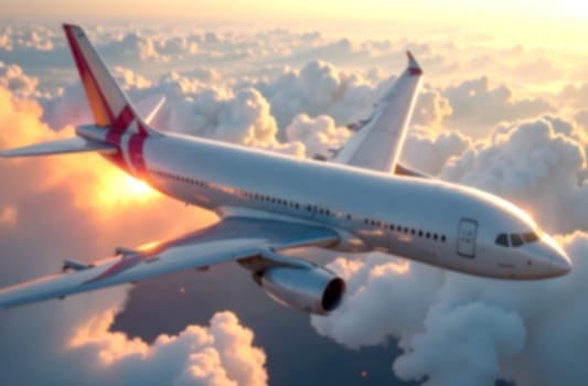 An aircraft flies gracefully above thick clouds as the sun sets, casting stunning colors across the sky.. Blurred picture