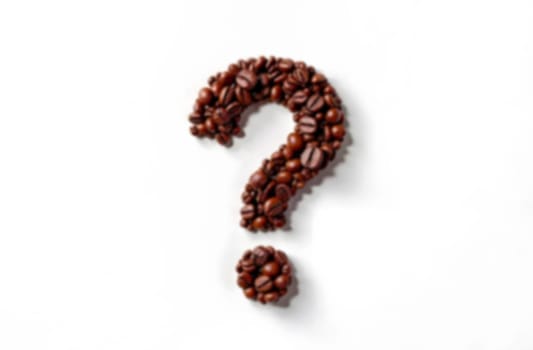 A question mark crafted from various coffee beans highlights problems and difficulties while inviting thoughts on potential resolutions.. Blurred picture