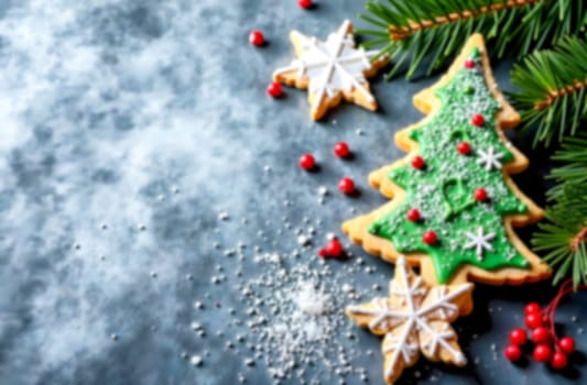 Colorful cookies crafted into Christmas tree and snowflake shapes sit on a table sprinkled with festive decorations and greenery for the holidays.. Blurred picture