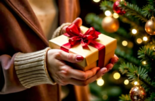 A person warmly presents a golden gift adorned with a red ribbon, standing by a festive Christmas tree decorated with lights and ornaments.. Blurred picture