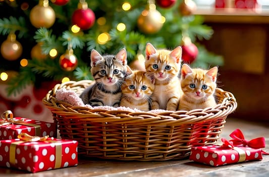 Five playful kittens sit together in a woven basket while colorful Christmas decorations and gifts enhance the cheerful atmosphere.