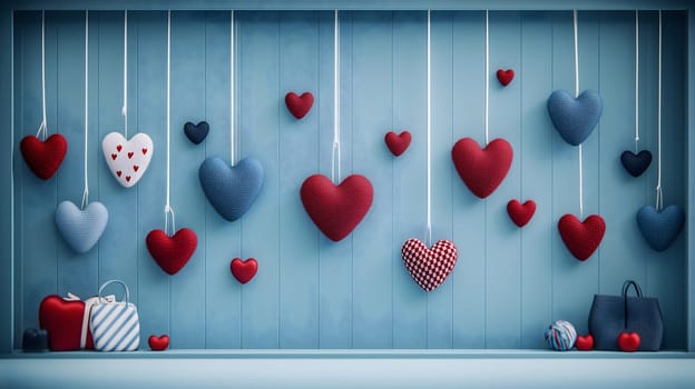 Beautiful fabric hearts hanging on a blue wooden background, accompanied by wrapped gift boxes. A charming and festive decoration perfect for Valentine's Day and love celebrations