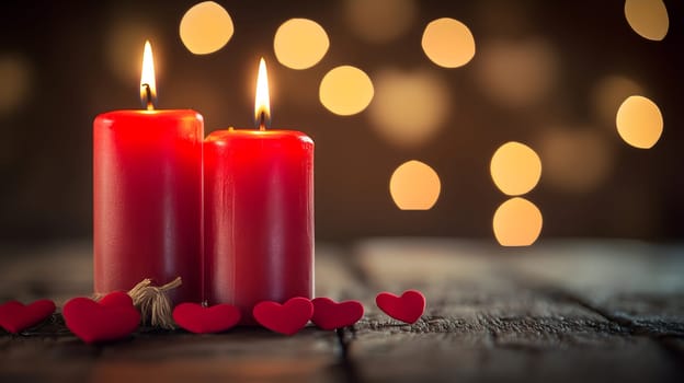 Two glowing red candles surrounded by heart decorations on a rustic wooden surface. A warm and intimate setting, ideal for Valentine's Day, love, romance, and special celebrations.