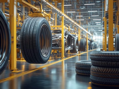 High-tech automotive factory showcasing an advanced tire assembly line. Large tires are suspended by robotic machinery, emphasizing precision engineering and automation in vehicle manufacturing.