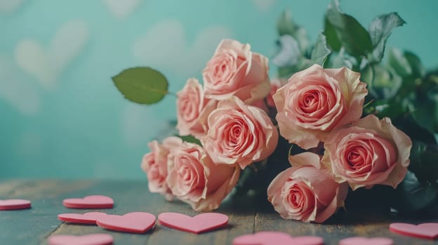 Bouquet of Pink Roses on Wooden Background, Generative AI,, holidys