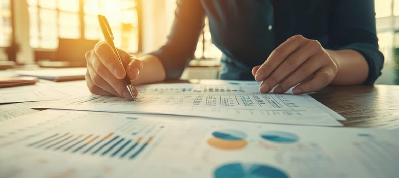 Business professional in casual attire reviews financial documents at a high desk in an open plan office. soft natural light creates an inviting workspace, enhancing focus and productivity. ideal for finance, business strategy, or office themes.