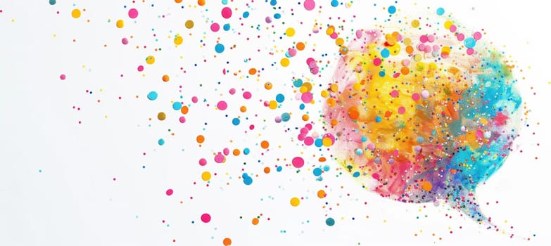 Colorful speech bubble filled with vibrant confetti and sparkles against a white background. ideal for festive promotional events, party invitations, or celebratory poster designs, conveying a sense of joy and enthusiasm.