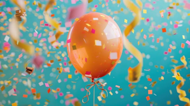 A vibrant orange balloon resembling a speech bubble floats amidst colorful streamers and confetti against a bright blue background. ideal for festive promotions, party invitations, or any joyful celebration-themed design projects.