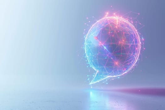 A 3d rendered holographic wireframe speech bubble set against a minimalistic white background. the vibrant colors and intricate design make it ideal for contemporary design projects, communication themes, or digital technology presentations.