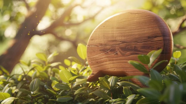 Wooden speech bubble nestled within sun-dappled foliage, showcasing intricate carved details. the natural setting emphasizes eco-friendly and organic themes, suitable for designs focused on communication and environmental awareness.