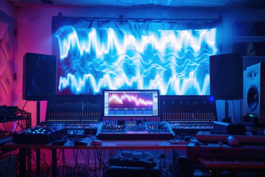 A vibrant home studio setup featuring a digital audio interface with glowing sound waves. surrounded by creative equipment and soft lighting, this scene emphasizes music production and artistic inspiration in a modern workspace.