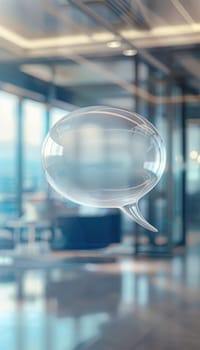Frosted glass 3d speech bubble floating in a modern, blurred office environment, offering a sophisticated and futuristic visual ideal for corporate branding and communication design concepts. perfect for presentations, posters, and marketing materials.