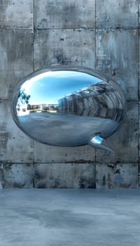 Metallic 3d speech bubble with chrome reflections on a minimalist industrial concrete background. perfect for modern design applications, editorial illustrations, and creative concepts emphasizing communication and design elements.
