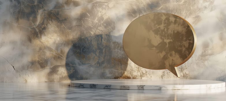 A luxurious 3d rendered golden speech bubble elegantly positioned on a polished marble surface, illuminated by soft ambient lighting. ideal for premium advertising campaigns, offering a sophisticated aesthetic for marketing materials.