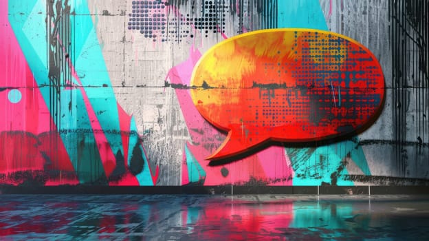 Vibrant speech bubble with angular graffiti patterns, neon colors, and a grungy urban wall backdrop. perfect for bold street-style design, creative posters, or modern art decor. captures urban culture and artistic expression.