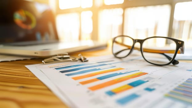 A financial document showcases colorful graphs and charts, spread across a wooden desk. beside it, a laptop and a pair of glasses rest, bathed in warm natural light. the scene exudes a modern, professional workspace atmosphere.