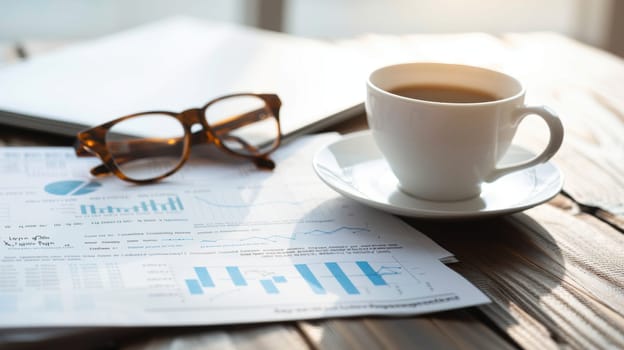 Detailed financial document featuring charts and graphs on a sleek desk, accompanied by glasses and a cup of coffee. sunlight from a nearby window creates a warm ambiance, ideal for business presentations and office environments.