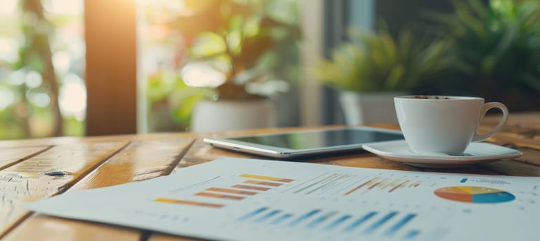 A financial document featuring bar graphs and a pie chart sits on a wooden desk beside a tablet and a cup of coffee. natural light from a nearby window enhances the workspace, creating an inviting atmosphere for business strategy and planning.