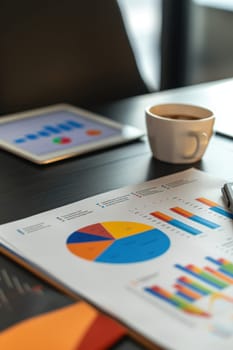 A well-organized desk featuring vibrant financial documents with bar graphs and pie charts alongside a digital tablet and a steaming cup of coffee, illustrating modern business planning and analysis in a well-lit office environment.