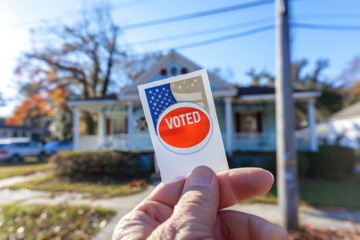 Close-up of a voter proudly holding an "i voted" sticker, with a blurred polling station in the background, symbolizing civic duty, participation, and the democratic process. the focus highlights a sense of accomplishment and engagement.