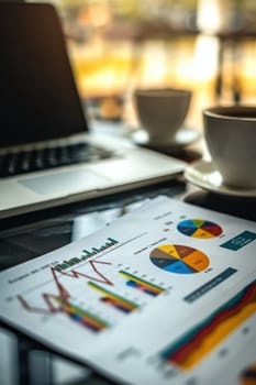 A vibrant financial document featuring colorful pie charts and bar graphs rests on a modern desk beside a sleek laptop and a steaming cup of coffee. the scene is illuminated by natural light, making it ideal for business-themed visuals.