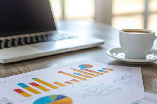 Financial report featuring colorful pie charts and bar graphs on a sleek desk beside a laptop and coffee cup, set in natural lighting. ideal for themes of business analysis, strategy planning, and professional work environments.