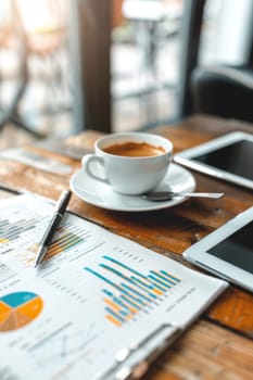 Close-up view of a financial document featuring bar graphs and pie charts on a sleek, well-lit desk. beside it, a tablet and a cup of coffee create a professional and organized workspace ideal for productive analysis.