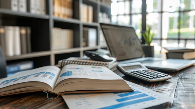 A modern, organized financial planner's desk featuring open books, a calculator, and a laptop displaying investment charts. the workspace is bathed in natural light, with a small potted plant and eyeglasses adding personal touches.