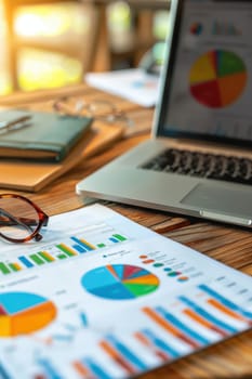Financial documents featuring vibrant graphs and charts are displayed on a wooden desk, complemented by a laptop and glasses. the image is bathed in natural light, suggesting a productive business or financial analysis setting.