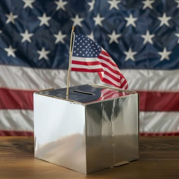 A young girl engages with the voting process, symbolizing early civic education. set in a classroom with american flags, the image highlights themes of democracy, patriotism, and the importance of voting rights.