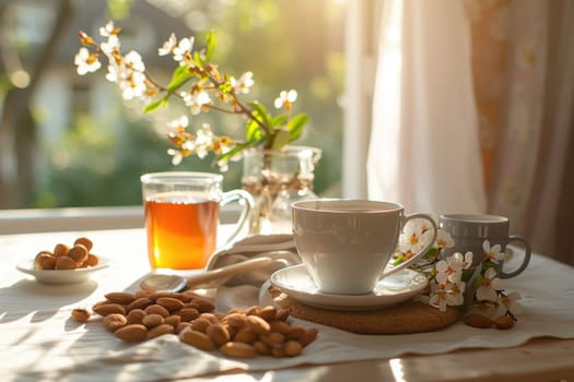 Breakfast scene showcasing foods that promote sleep, featuring almonds, honey, and a warm beverage. bright morning light illuminates daffodils and daisies on a rustic table, creating a serene ambiance and nutritious choices.