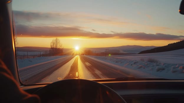 A driver navigates a long, empty road during the early morning hours, battling fatigue. the sun rises in the background, casting a warm glow over the landscape, symbolizing a new beginning and the spirit of adventure and solitude.