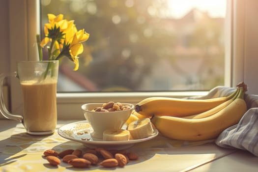 A serene breakfast scene showcasing sleep-promoting foods such as bananas and almonds, with a warm drink. sunlight filters through a window, illuminating magnolia flowers and creating a peaceful, calming atmosphere perfect for wellness.