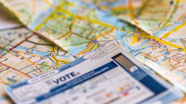 Voter id card alongside a detailed map illustrating key locations for election day. essential details like polling places and directions provide vital guidance for voters, enhancing the election experience and ensuring informed participation.