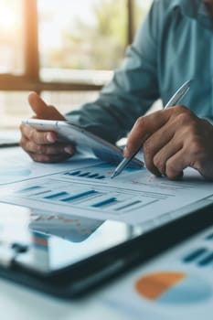 Financial consultant showcases an investment plan with digital charts and graphs to clients in a bright, modern office. the professional setting includes teamwork and technology, emphasizing business strategy and data-driven decision-making.