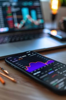 Close-up view of a smartphone displaying a financial app with investment portfolios and performance graphs. the scene includes a laptop and a modern workspace, a professional environment and digital finance management.