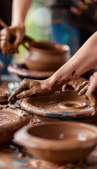 Friends engage in an artisanal pottery workshop, focusing on shaping clay on a wheel. their hands skillfully mold unique ceramic creations, reflecting joy and creativity in the process. a harmonious blend of craftsmanship and camaraderie.
