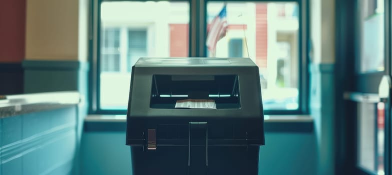 Digital banner ad absentee voting with a secure ballot drop box and a call to action to vote by mail. the background features a softly lit american flag, emphasizing civic duty and voter participation.