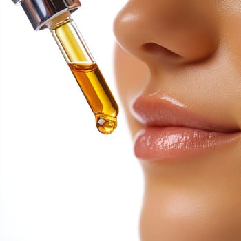 Skincare beauty concept with facial oil dropper and close-up of woman's lips