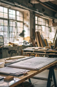 Professionals explore architectural blueprints in an expansive industrial office. the setting features large windows, natural light, and construction managers collaborating in the workspace, contributing to the architectural planning process.
